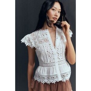 Anthropologie Sleeveless High-Neck Lace-Inset Blouse White L Large NEW